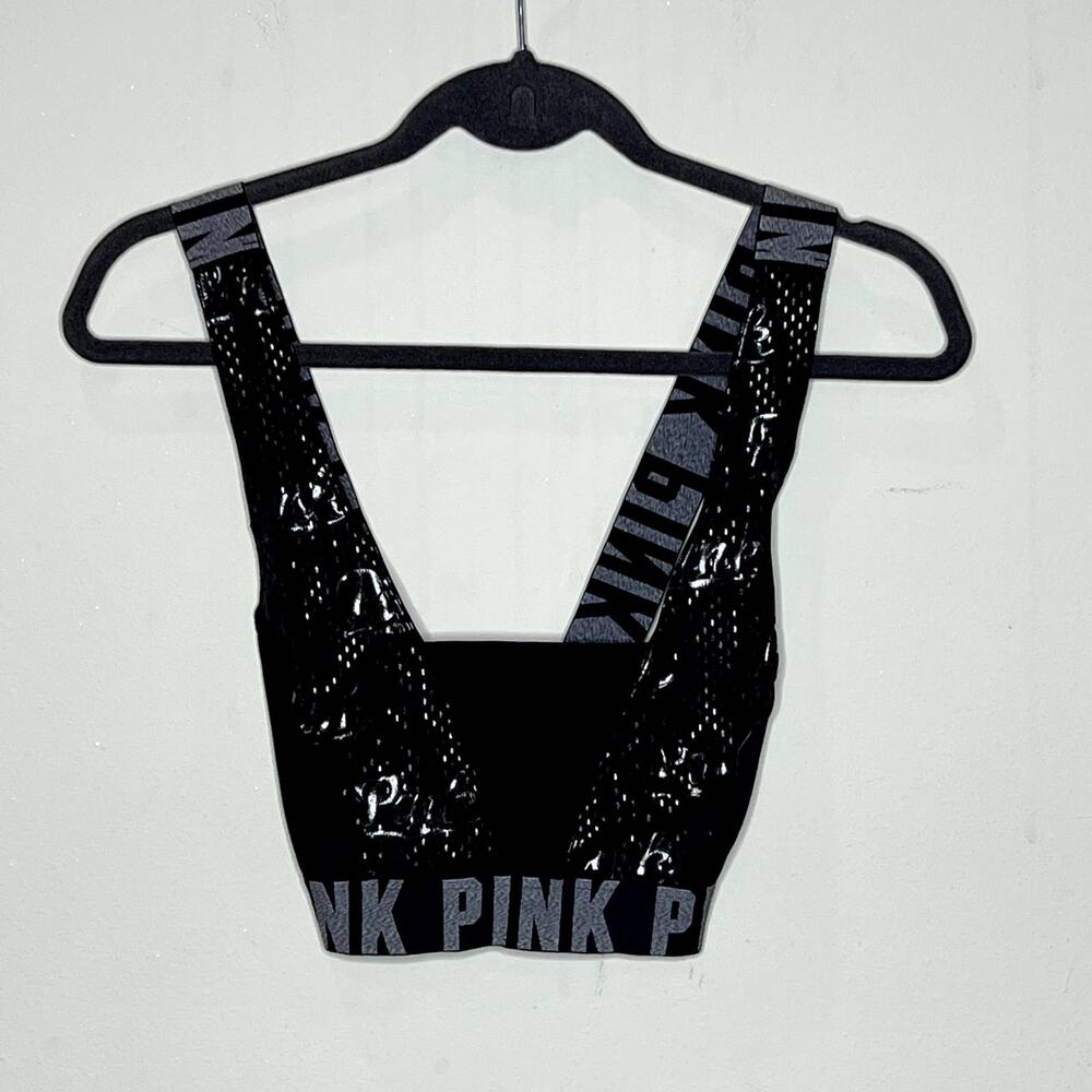 Victoria's Secret PINK Black Logo Crossback Sports Bra Crop Top Large‎